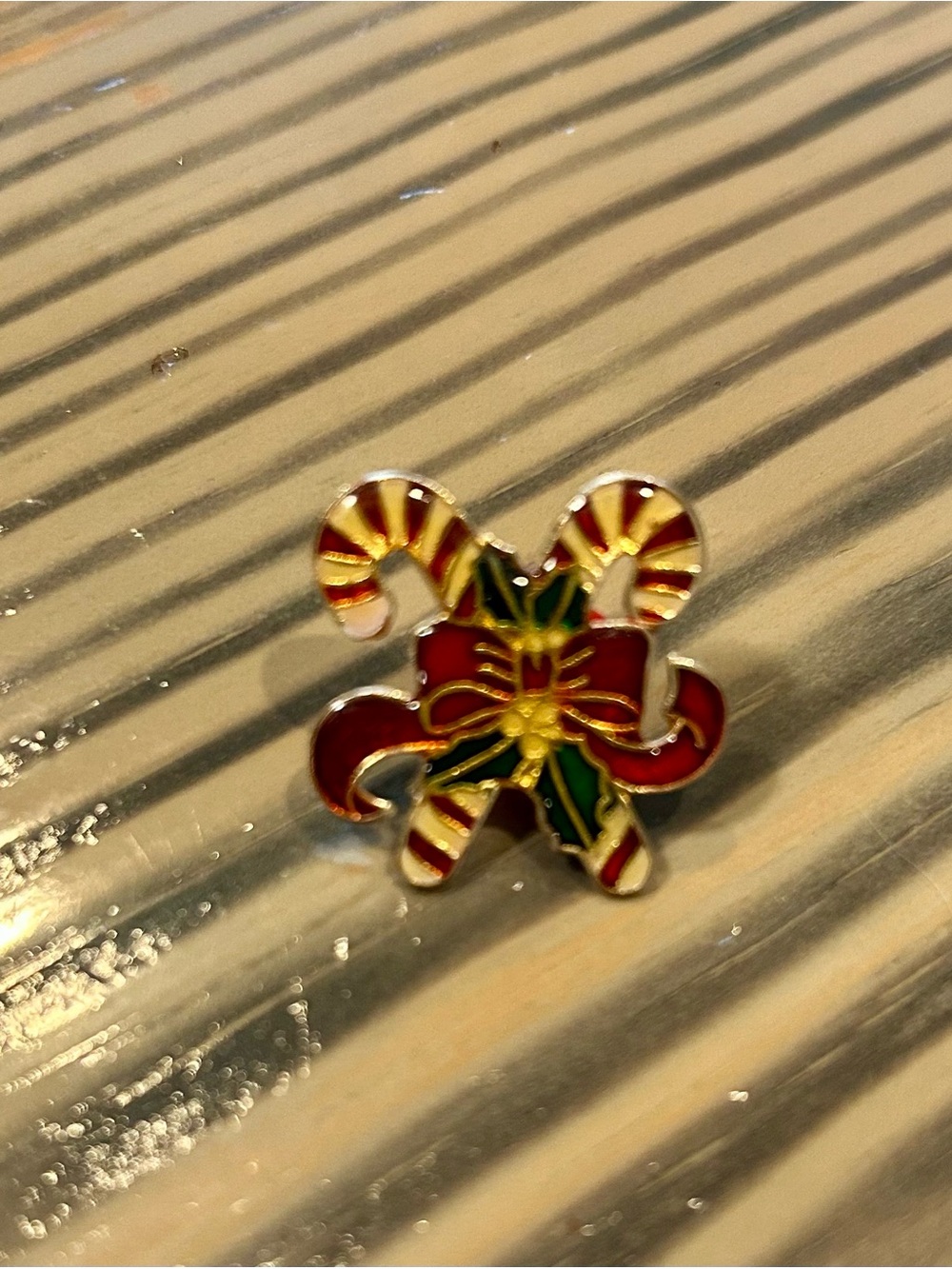 Vintage Red, Green & Gold Candy Cane Bow Brooch